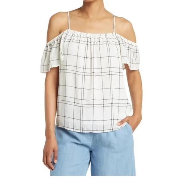 Pleione Tops - Pleoine - Cold Shoulder Top in Ivory Black Window Pane Print